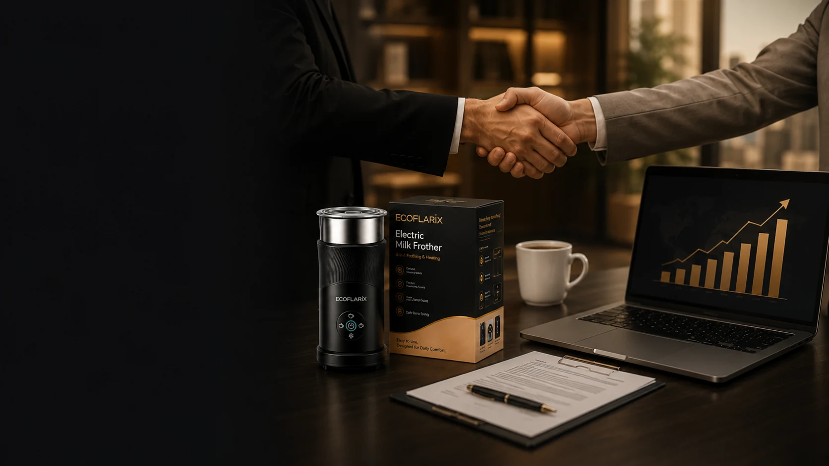 Business partners shaking hands beside Ecoflarix product packaging and a growth dashboard