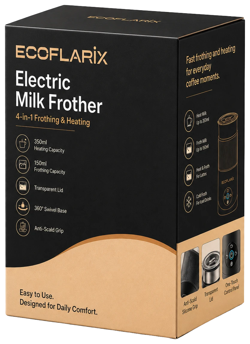 Retail packaging box for the Ecoflarix electric milk frother