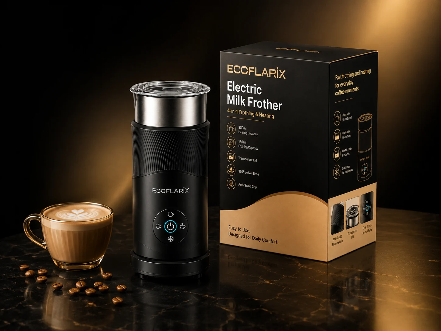 Ecoflarix milk frother and retail package displayed beside a latte on a dark counter