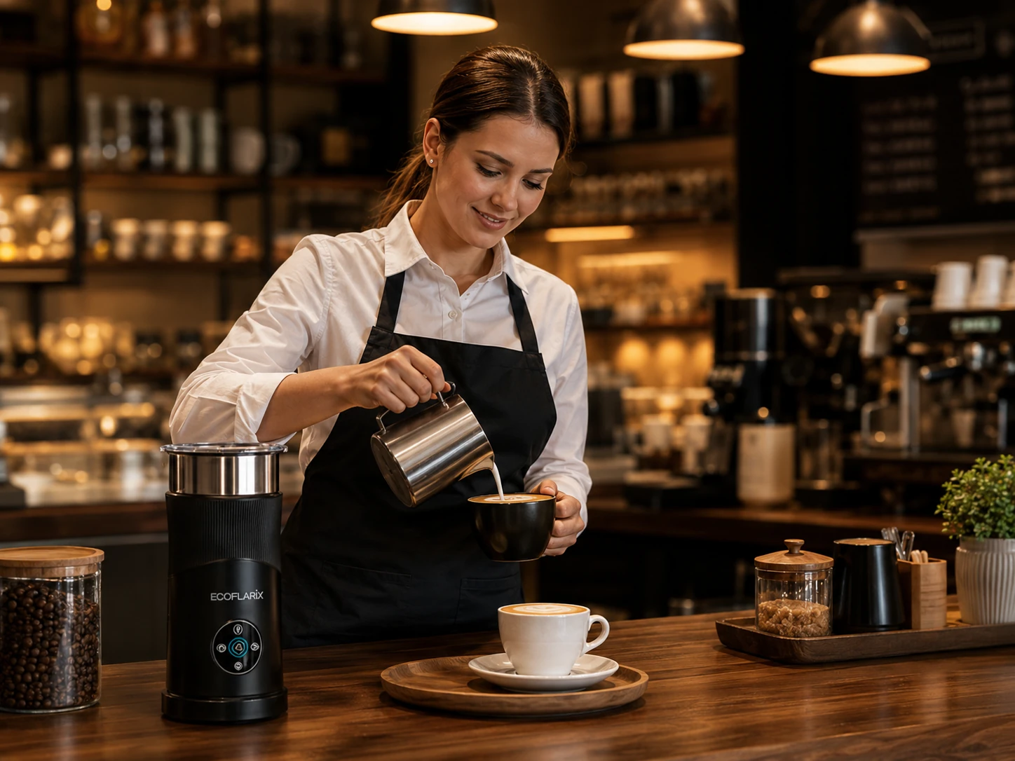 Cafe professional preparing a beverage with an electric milk frother