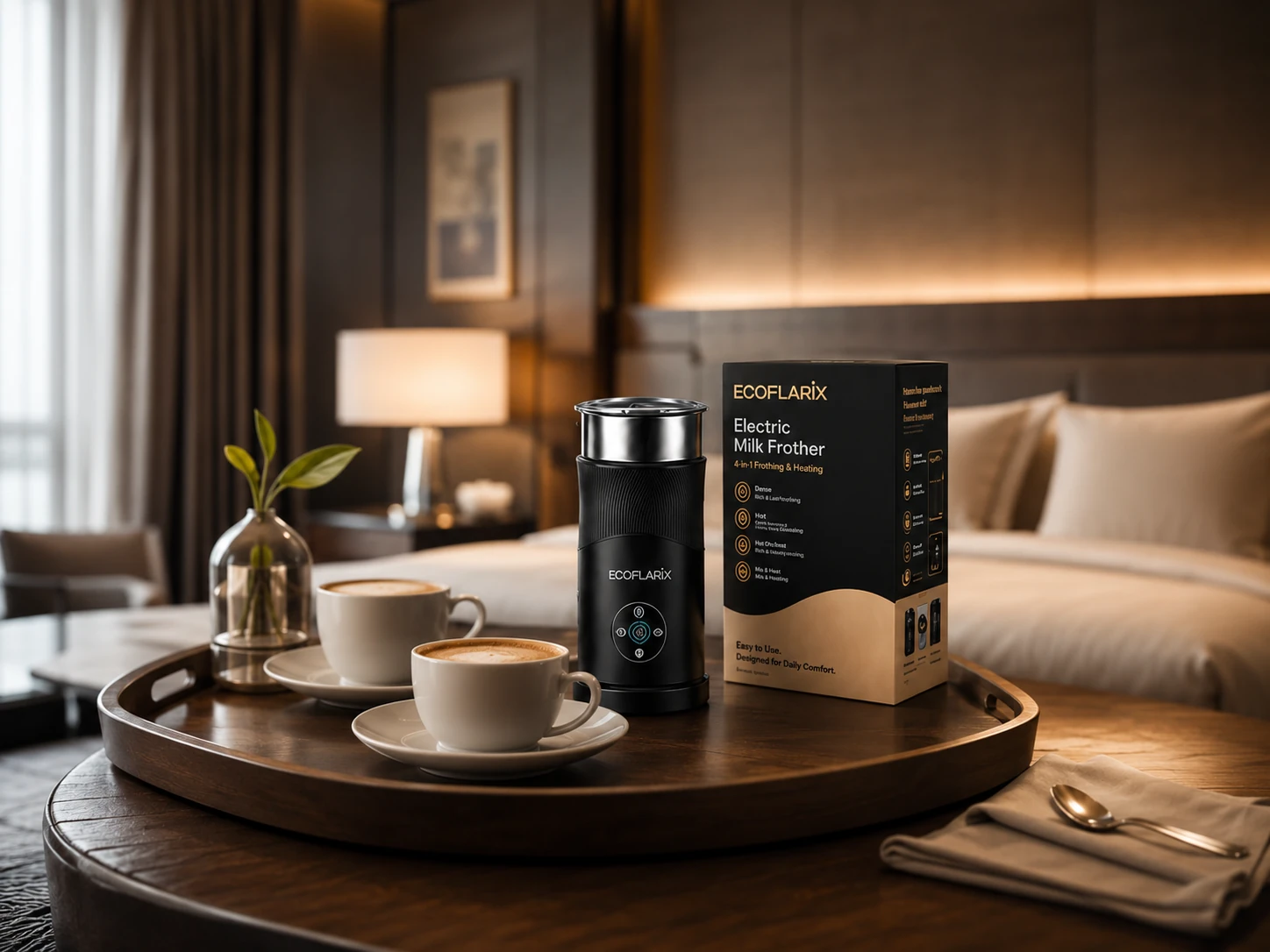 Ecoflarix milk frother presented in a premium hospitality setting
