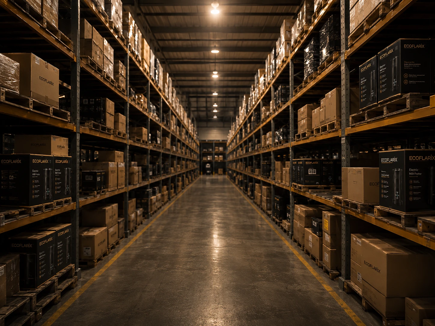 Organized wholesale warehouse stocked with product cartons