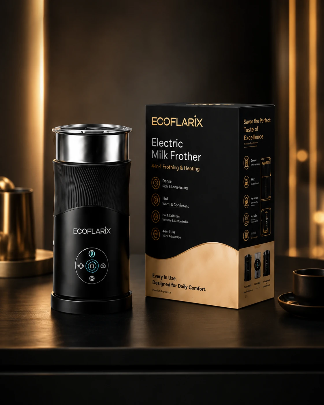 Ecoflarix electric milk frother and retail packaging