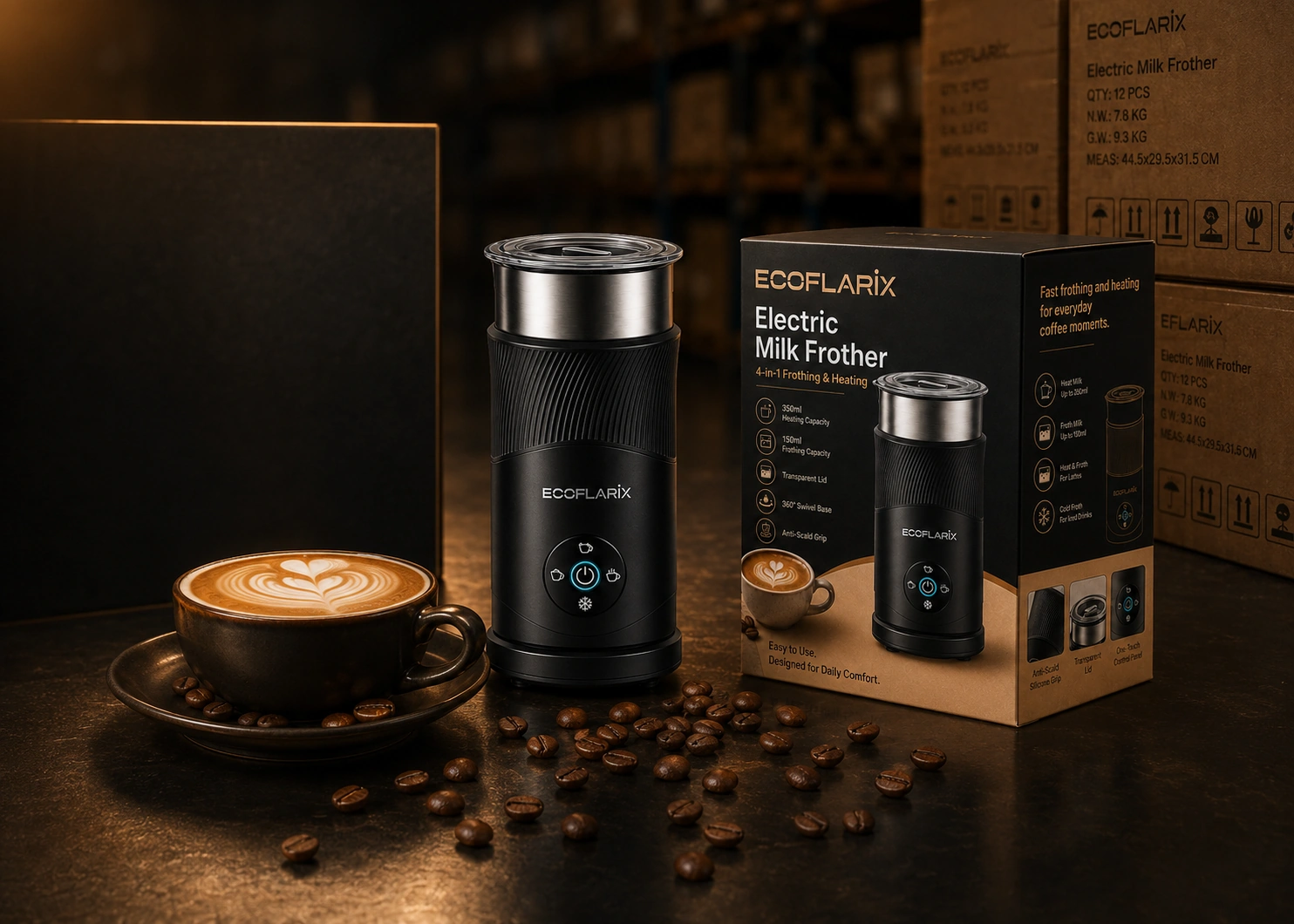 Ecoflarix milk frother and packaging for wholesale partnership presentation